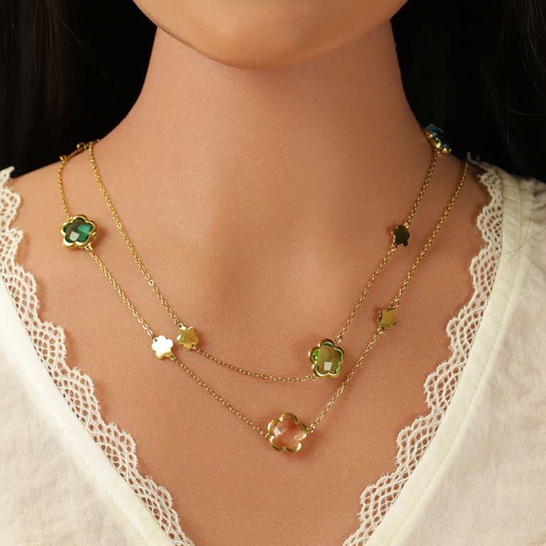 Collier en acier dor� sautoir pastilles fleur et oxydes forme fleur multi couleur - Vue 20