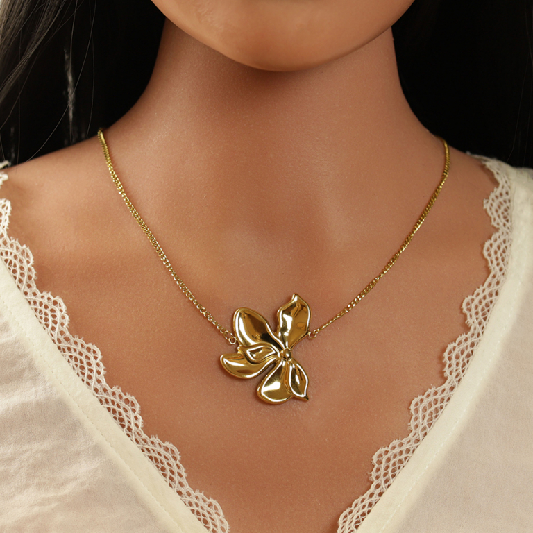 Collier en acier dor� fleur 40mm  - 42+5cm - Vue 20