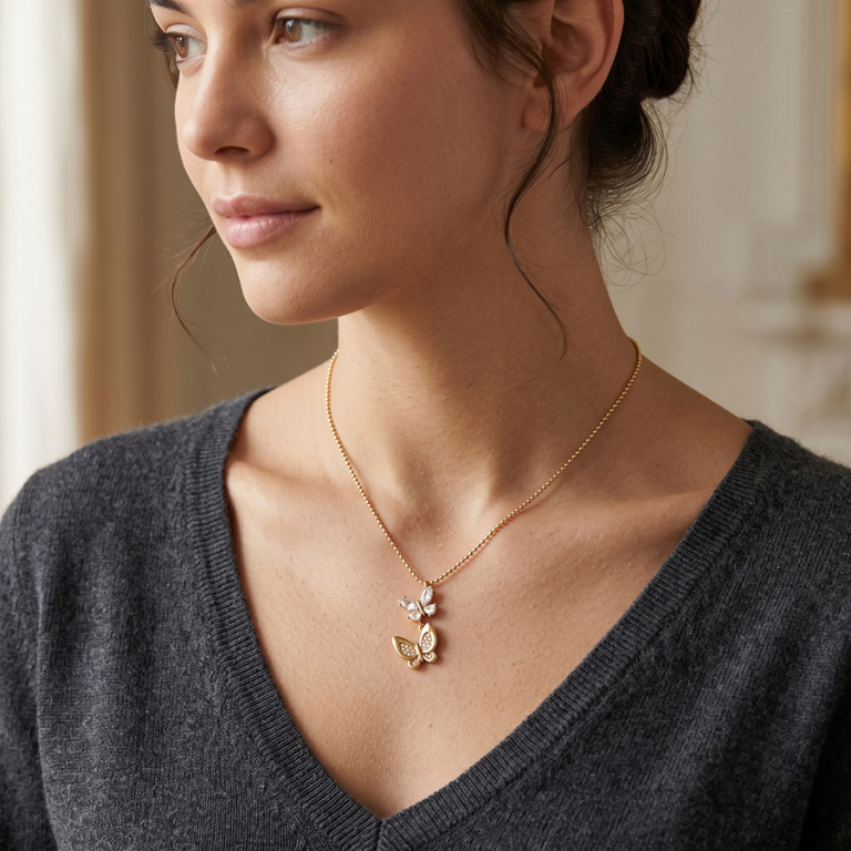 Collier en acier dor� double papillon avec oxydes blancs sertis - 45+5cm - Vue 20