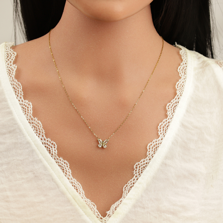 Collier en  acier dor� papillon avec oxydes blancs sertis - 45+5cm - Vue 20