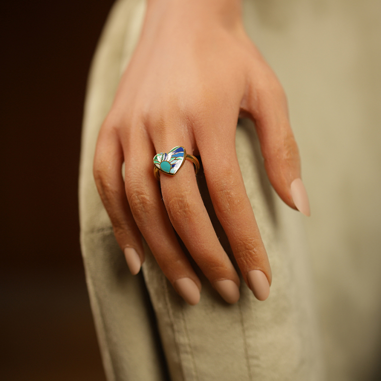 Bague Stella Mia en acier doré forme coeur motif résine bleu vert - Vue 20