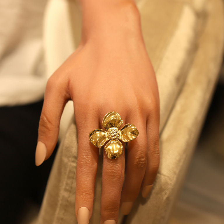Bague en acier dor jaune - fleur rglable - Vue 20