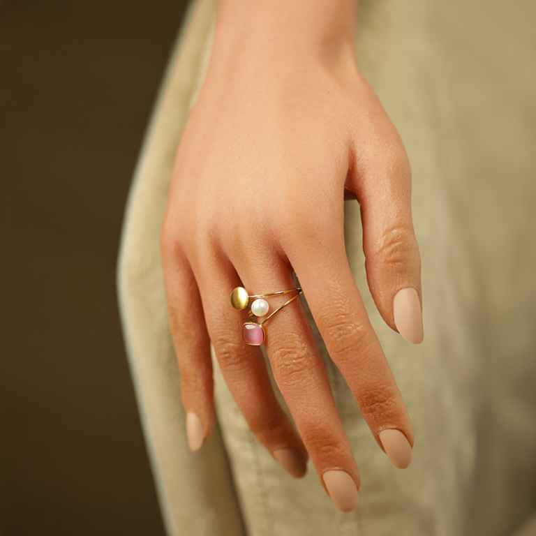 Bague acier dor� pastille lisse oeil de chat imitation rose et perle blanche imitation r�glable - Vue 20