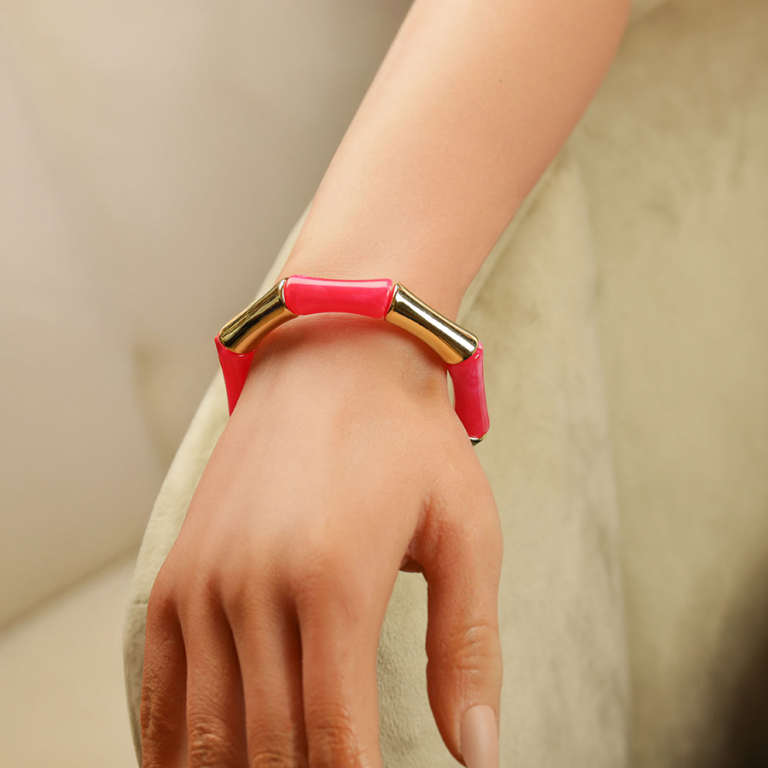 Bracelet extensible galb� fuschia et dor� - Vue 20