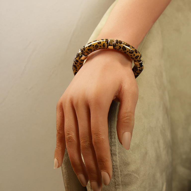 Bracelet extensible l�opard � anneaux dor�s fond marron et tachet� marron et noir - Vue 20