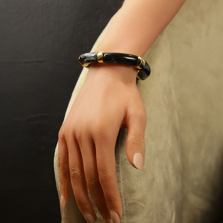 Bracelet extensible noir � anneaux dor�s - Vue 20