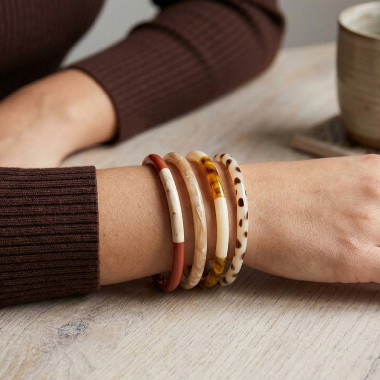 Bracelet jonc 6mm en r�sine couleur ivoire et caramel - 60mm - Vue 20