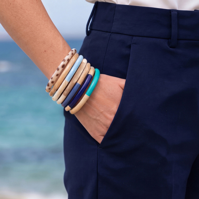 Bracelet jonc 6mm en r�sine couleur corne et bleu - 63mm - Vue 20