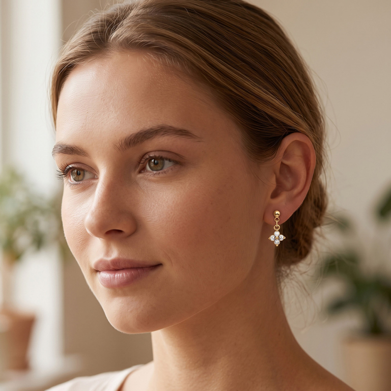 Boucles d\'oreille pendantes tige en plaqu� or avec fleur d\'oxydes blancs - Vue 20