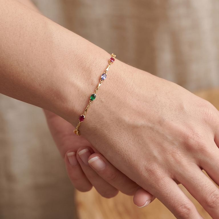Bracelet en plaqu� or tutti frutti navettes d\' oxydes multi couleurs et baguettes - 16+3cm - Vue 20