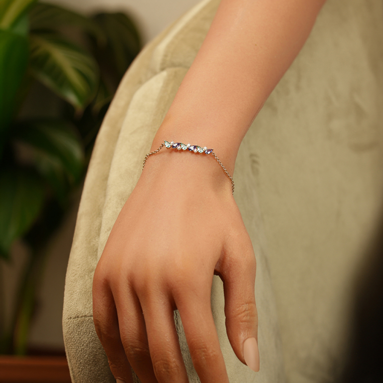 Bracelet en plaqu� or navettes bleues et blanches - 16+2cm - Vue 20