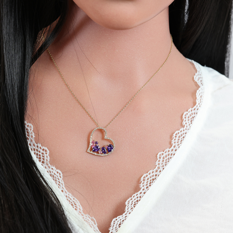 Collier en plaqu or chane avec pendentif coeur oxydes violets et roses contour oxydes blancs 40+5cm - Vue 20