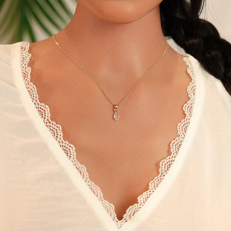 Collier en plaqu or chane avec pendentif goutte oxyde blanc facett 40+5cm - Vue 20