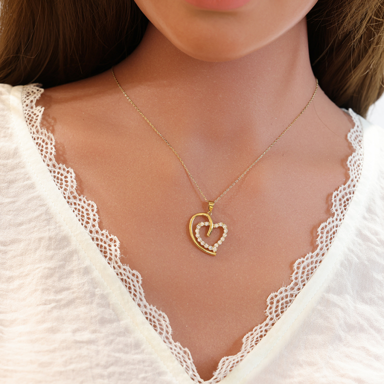 Collier en plaqu or chane avec pendentif grand coeur oxydes blancs sertis 40+5cm - Vue 20