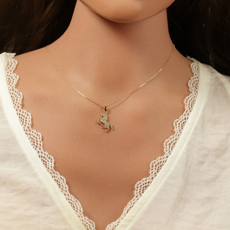 Collier en plaqué or pendentif cheval oxydes blancs 40+5cm - Vue 20