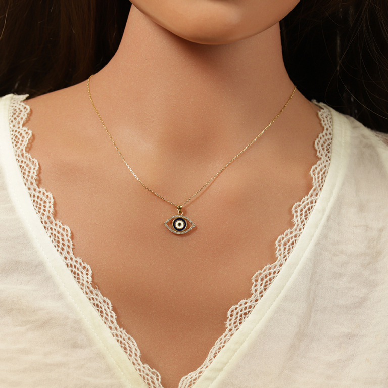 Collier en plaqu or pendentif oeil de la chance contour d\'oxydes blancs - 40+5cm - Vue 20