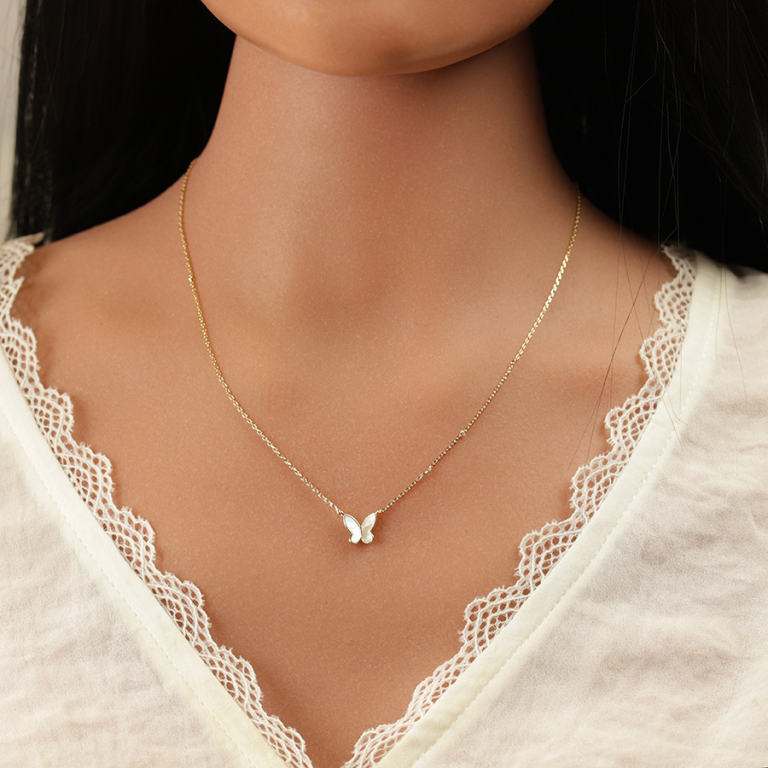 Collier en plaqu� or double papillon en nacre blanche - 42+3cm - Vue 20