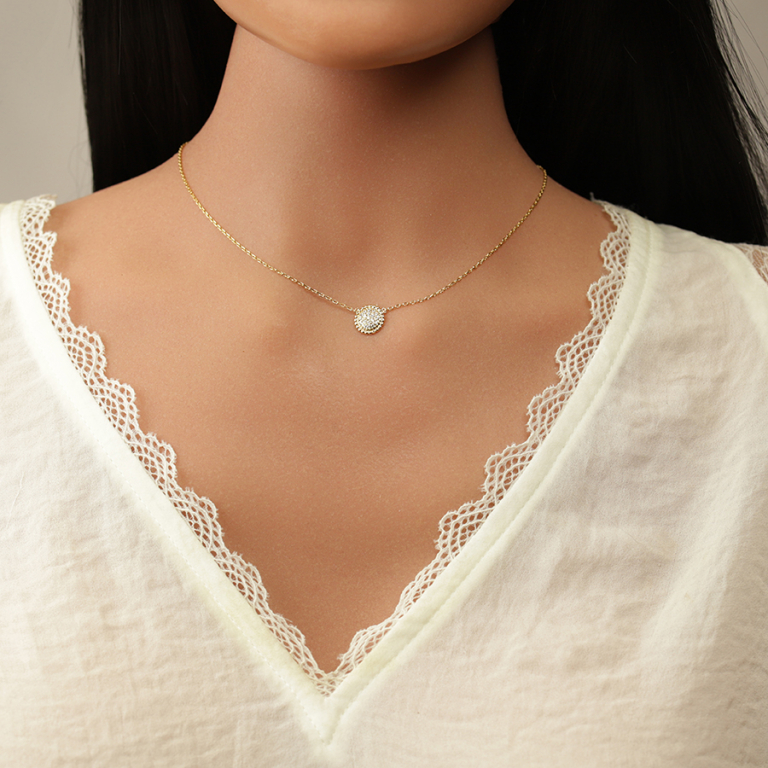 Collier en plaqu� or cercle boules pav� d\'oxydes blancs - 38+4cm - Vue 20