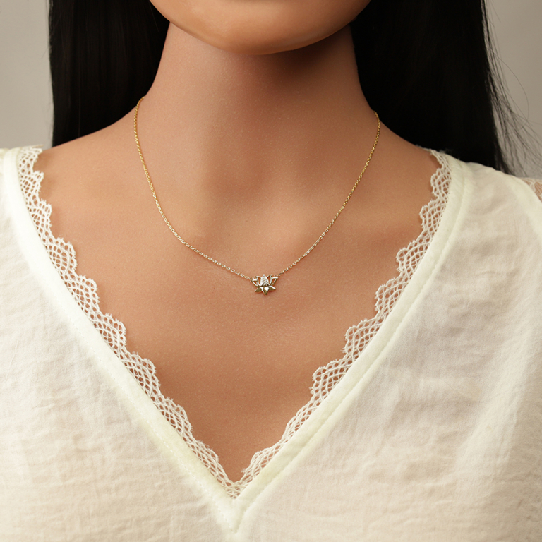 Collier en plaqu� or fleur de lotus avec oxydes blancs - 38+4cm - Vue 20