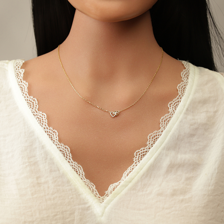 Collier en plaqu� or coeurs entrelac�s avec oxydes blancs - 38+4cm - Vue 20