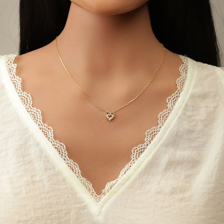 Collier en plaqu� or double coeur avec oxydes blancs - 38+4cm - Vue 20