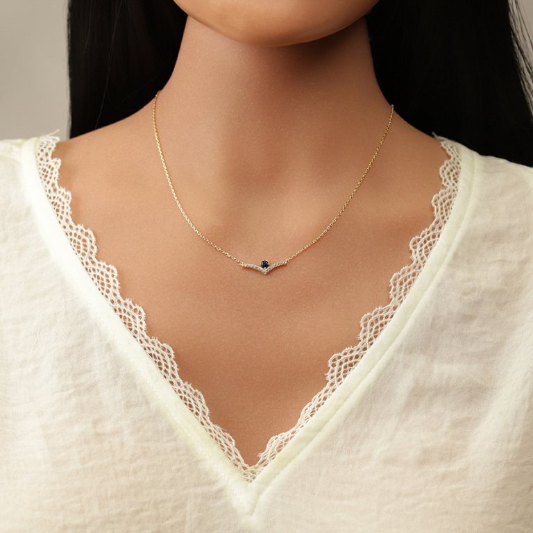 Collier en plaqu� or fleur avec pierres centrale bleue et oxydes blancs sertis - 38+4cm - Vue 20