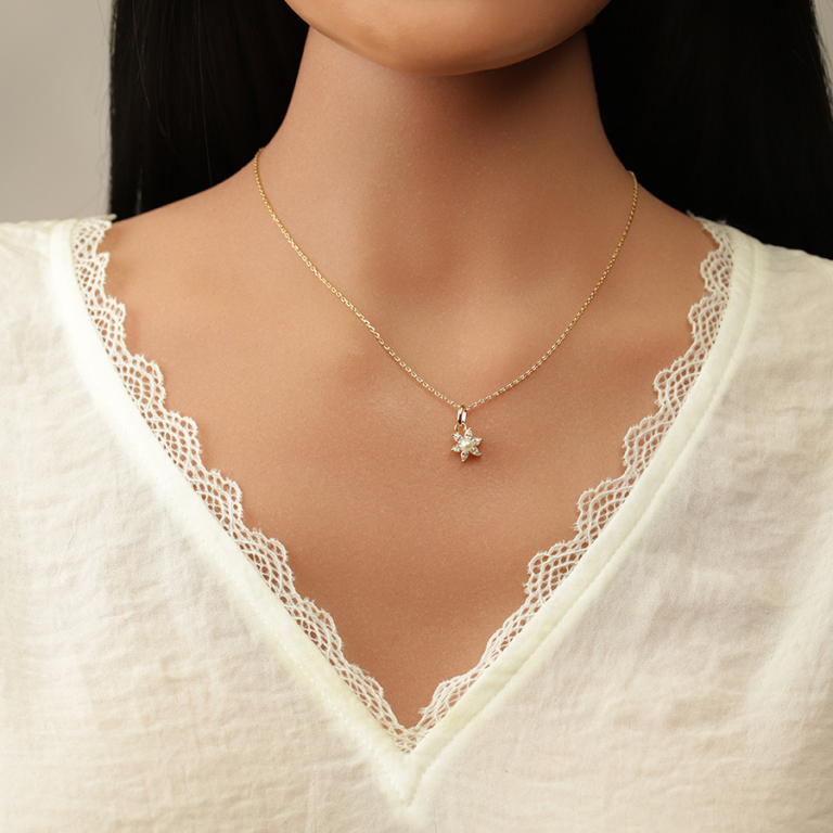 Collier en plaqu� or pendentif fleur six p�tales avec oxydes blancs et perle deau douce - 38+4cm - Vue 20