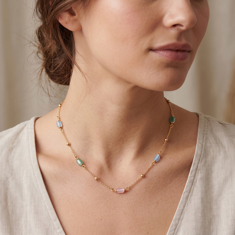 Collier en plaqu� or quatre pierres cylindriques bleue  rose blanche - 16+3cm - Vue 20
