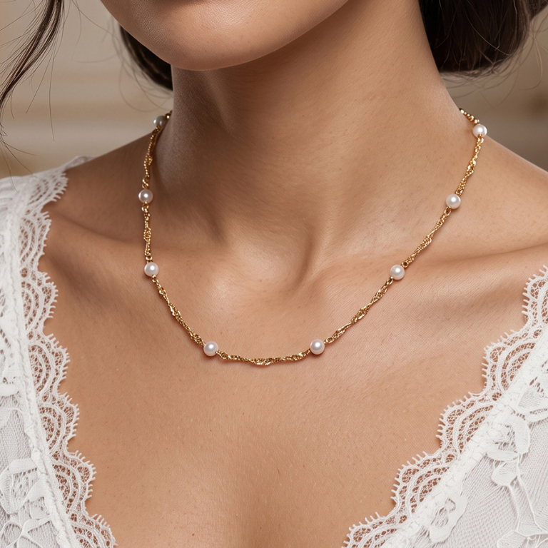 Collier en plaqu� or twist et perles blanches imitation - 40+7cm - Vue 20