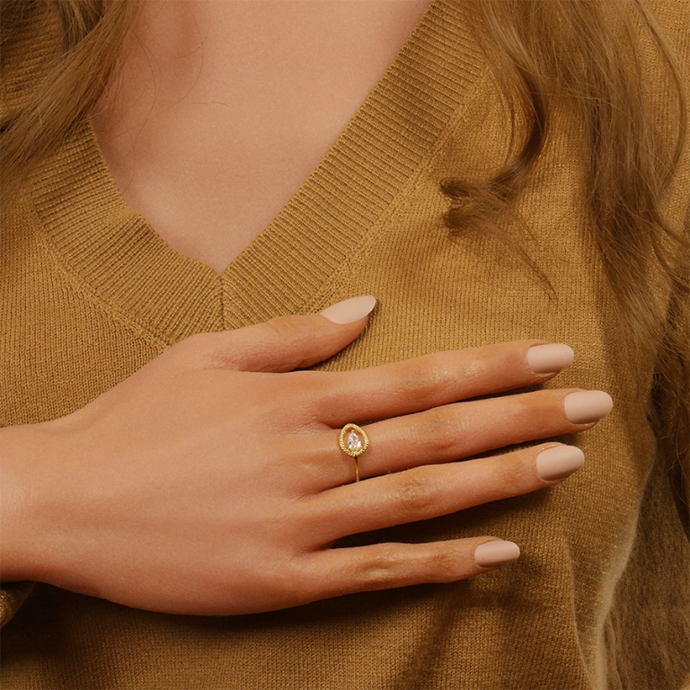 Bague en plaqu or forme goutte ajoure et oxyde blanc serti - Vue 20