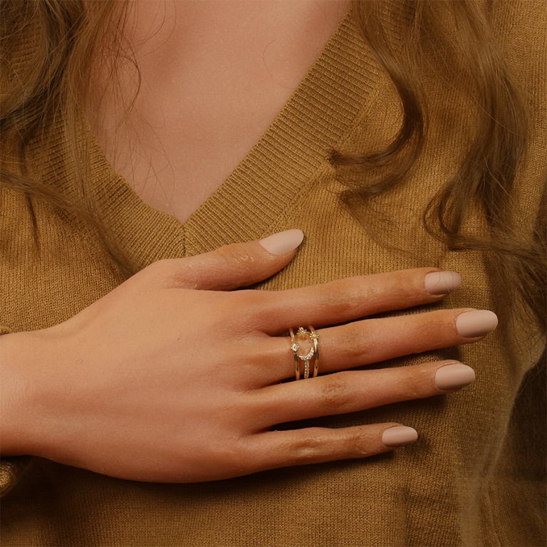 Bague en plaqu or 3 rangs motifs lune et soleil avec oxydes blancs sertis - Vue 20