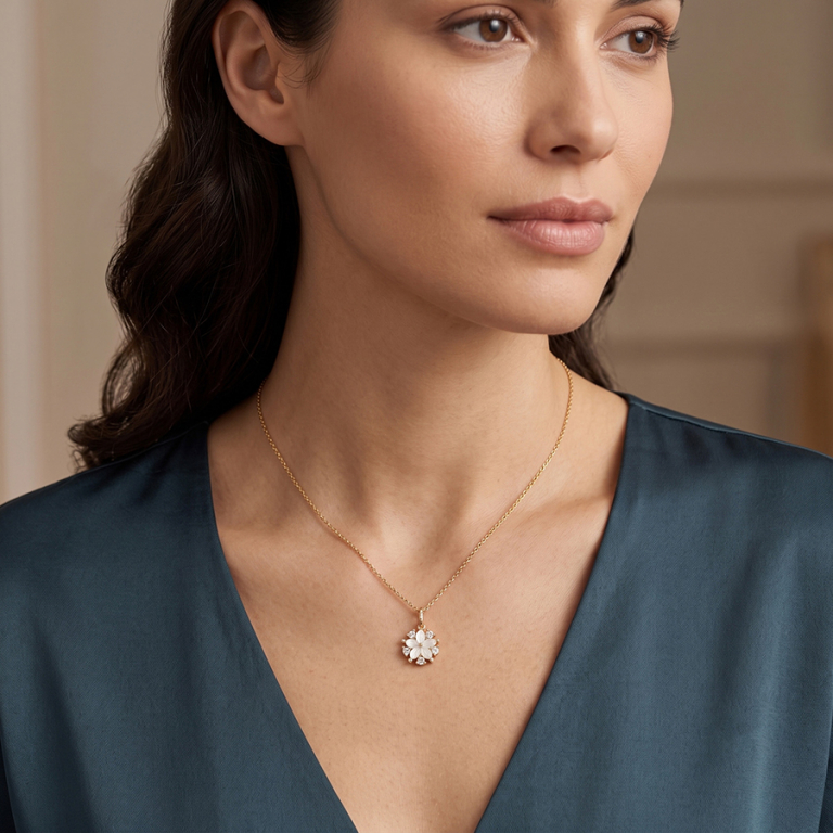 Pendentif en plaqu� or fleur nacre v�ritable et oxydes blancs - Vue 20
