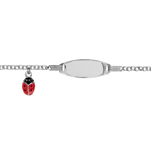 Gourmette pour bébé en argent rhodié maille ronde et plaque ovale avec pampille coccinelle rouge 13+