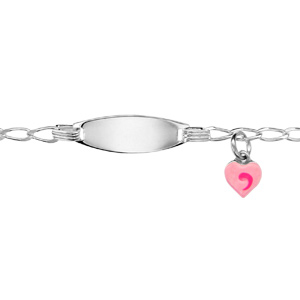 Gourmette pour bébé en argent maille cheval avec plaque ovale et pampille coeur rose - largeur 2mm e