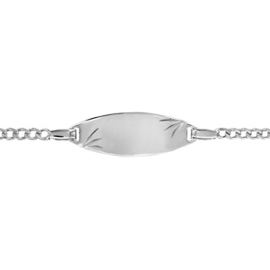 Gourmette pour bébé en argent rhodié maille serrée avec plaque ovale et diamantage étoilé dans les coins – largeur 2mm et longueur 13cm + 2cm de rallonge