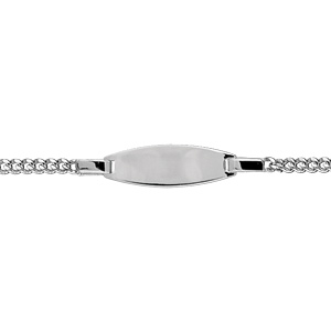 Gourmette pour bébé en argent rhodié maille serrée avec plaque ovale – largeur 2mm et longueur 13cm + 2cm de rallonge
