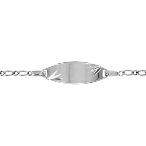 Gourmette pour bébé en argent rhodié maille 1+1 avec plaque ovale et diamantage étoilé dans les coin