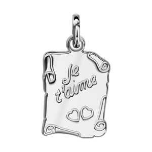 Pendentif en argent parchemin gravé « Je t’aime » et 2 coeurs