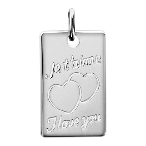 Pendentif en argent plaque G.I. rectangulaire gravée « Je t’aime » & « I love you » avec 2 coeurs