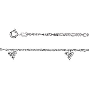 Chaîne de cheville en argent mailles 1+3 avec 3 pampilles coeurs martelés - longueur 23cm + 2cm de r