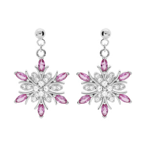 Boucles d’oreille en argent rhodié flocon de neige suspendu oxydes blancs et roses fermoir poussette