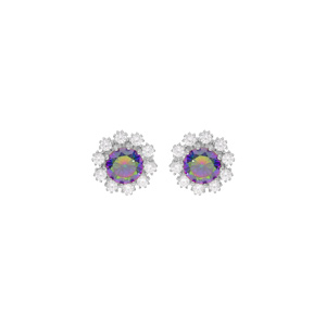 Boucles d’oreille en argent rhodié fleur avec oxyde arc en ciel mystique contour oxydes blancs et fermoir poussette
