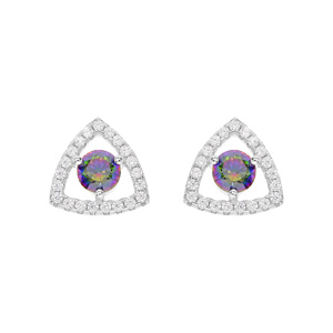 Boucles d'oreille en argent rhodié triangle avec oxyde arc en ciel mystique contour oxydes blancs et