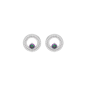 Boucles d’oreille en argent rhodié ronde avec oxyde arc en ciel mystique contour oxydes blancs sertis et fermoir poussette