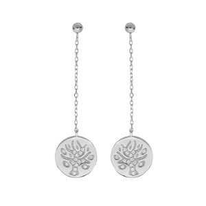 Boucles d’oreille en argent rhodié pastille ronde arbre de vie suspendue 12mm avec oxydes blancs sertis fermoir poussette
