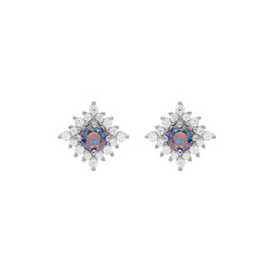 Boucles d’oreille en argent rhodié flocon avec oxyde arc en ciel mystique et oxydes blancs et fermoir poussette