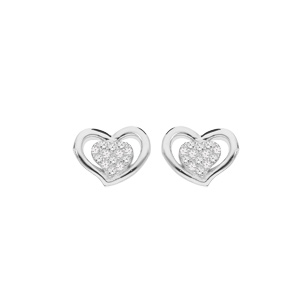 Boucles d’oreille en argent rhodié coeur évidé et oxydes blancs sertis et fermoir poussette