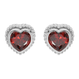 Boucles d'oreille en argent rhodié coeur avec oxyde grenat et fermoir poussette
