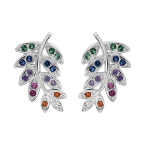 Boucles d’oreille en argent rhodié feuilleavec oxydes multicouleurs et fermoir poussette