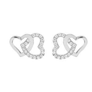 Boucles d’oreille en argent rhodié double coeur entrelacé avec oxydes blancs sertis et fermoir poussette